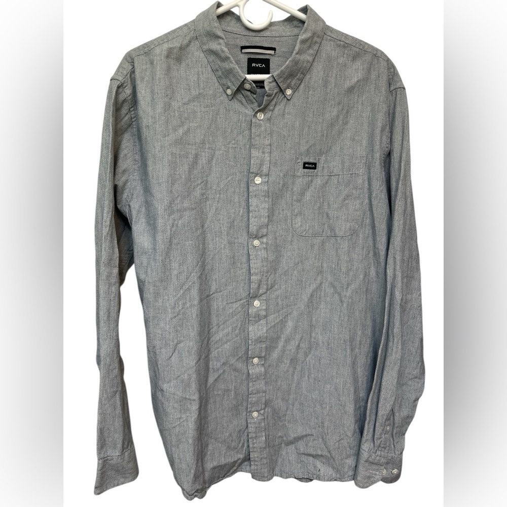 RVCA Mens  Slim Fit Gray blue Long Sleeve Chest Pocket Button Up Shirt